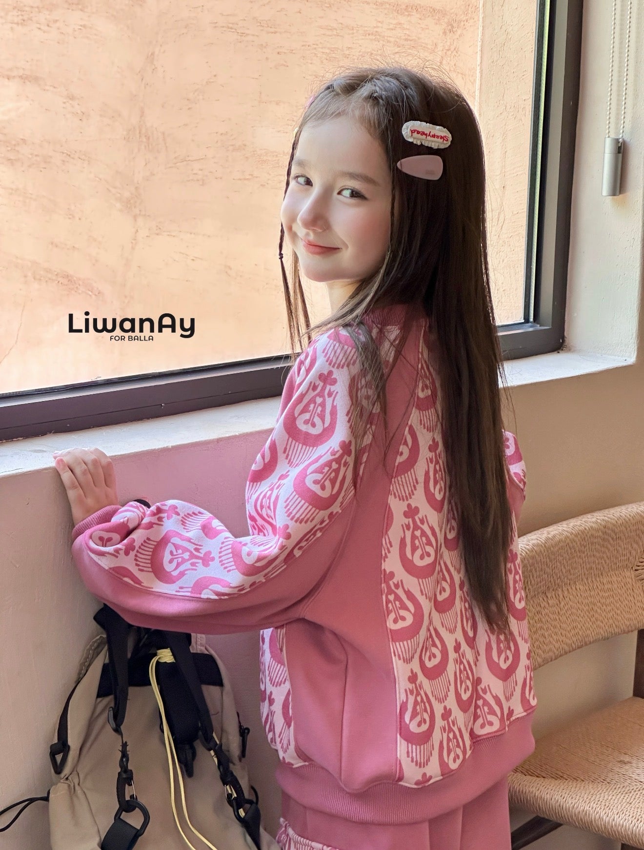 girls wearing pink ikat sweatshirt set comfortable kids outfit