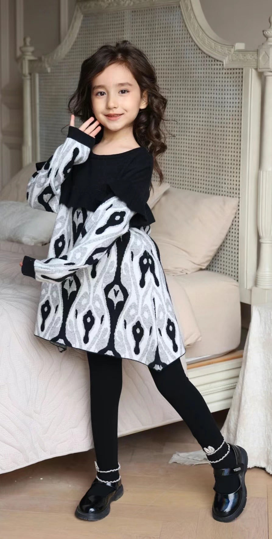 Girls’ Knit Dress – Black Ikat Pattern