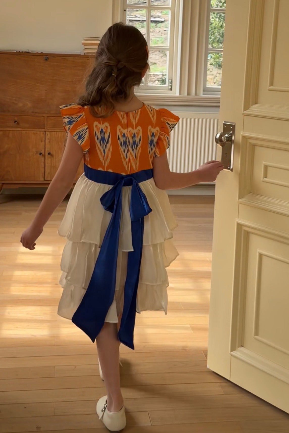 Girls Atlas Ikat Princess Dress – Layered Cotton Dress with Ribbon Waist
