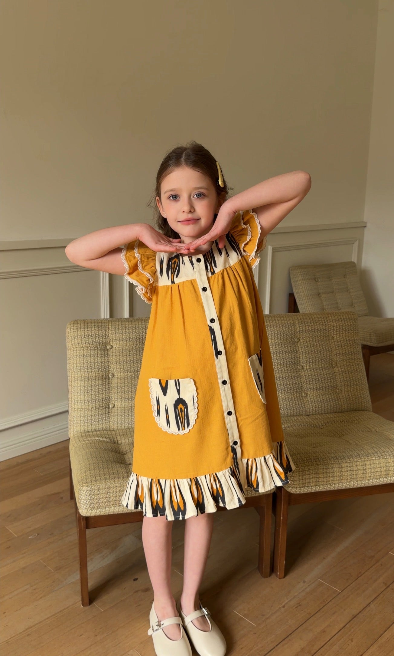 Girls Cotton Atlas Dress – Mustard Ikat Button Front Dress with Ruffle Sleeves