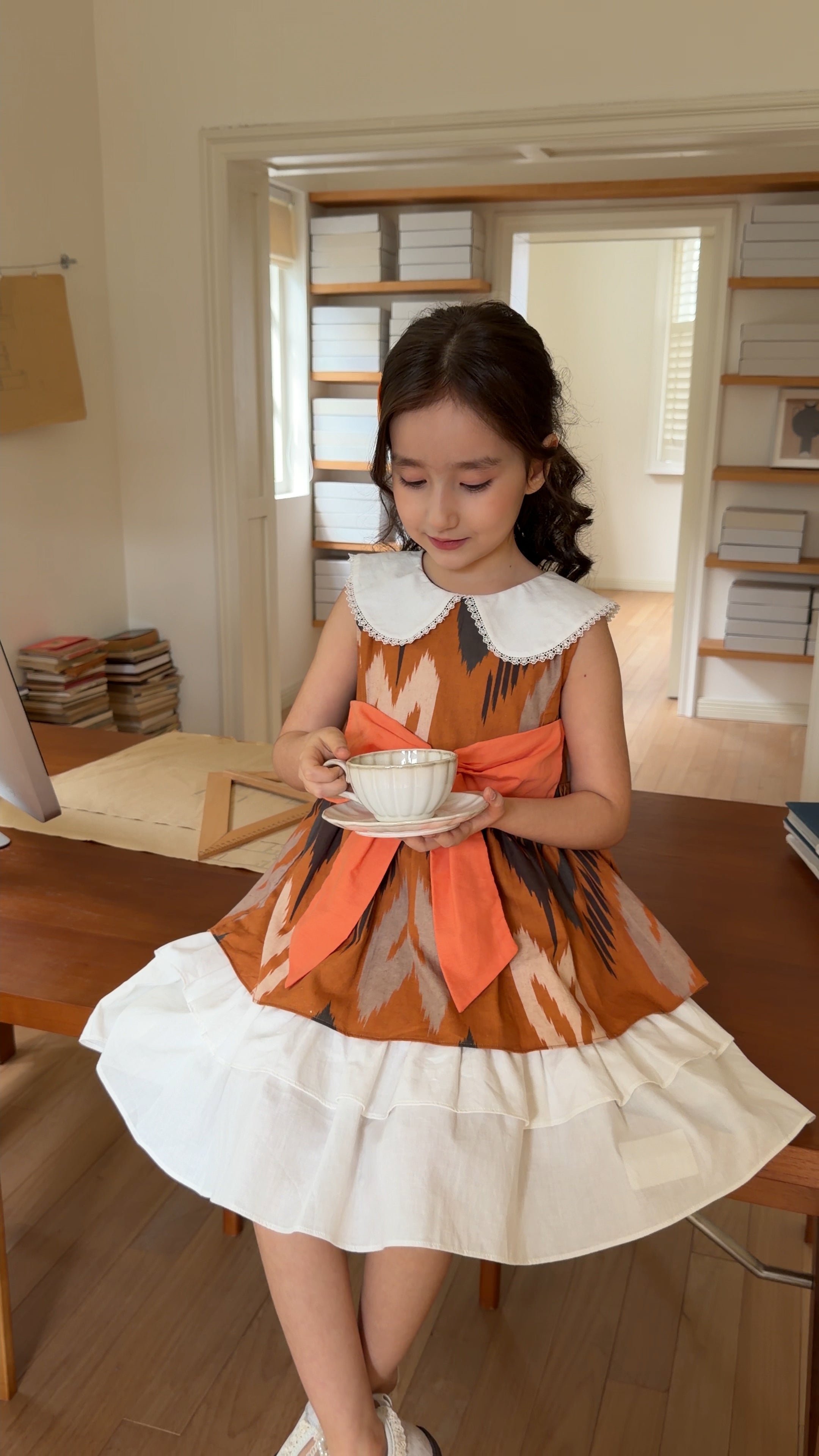 Girls Atlas Ikat Princess Dress with Bow – Elegant Cotton Party Dress