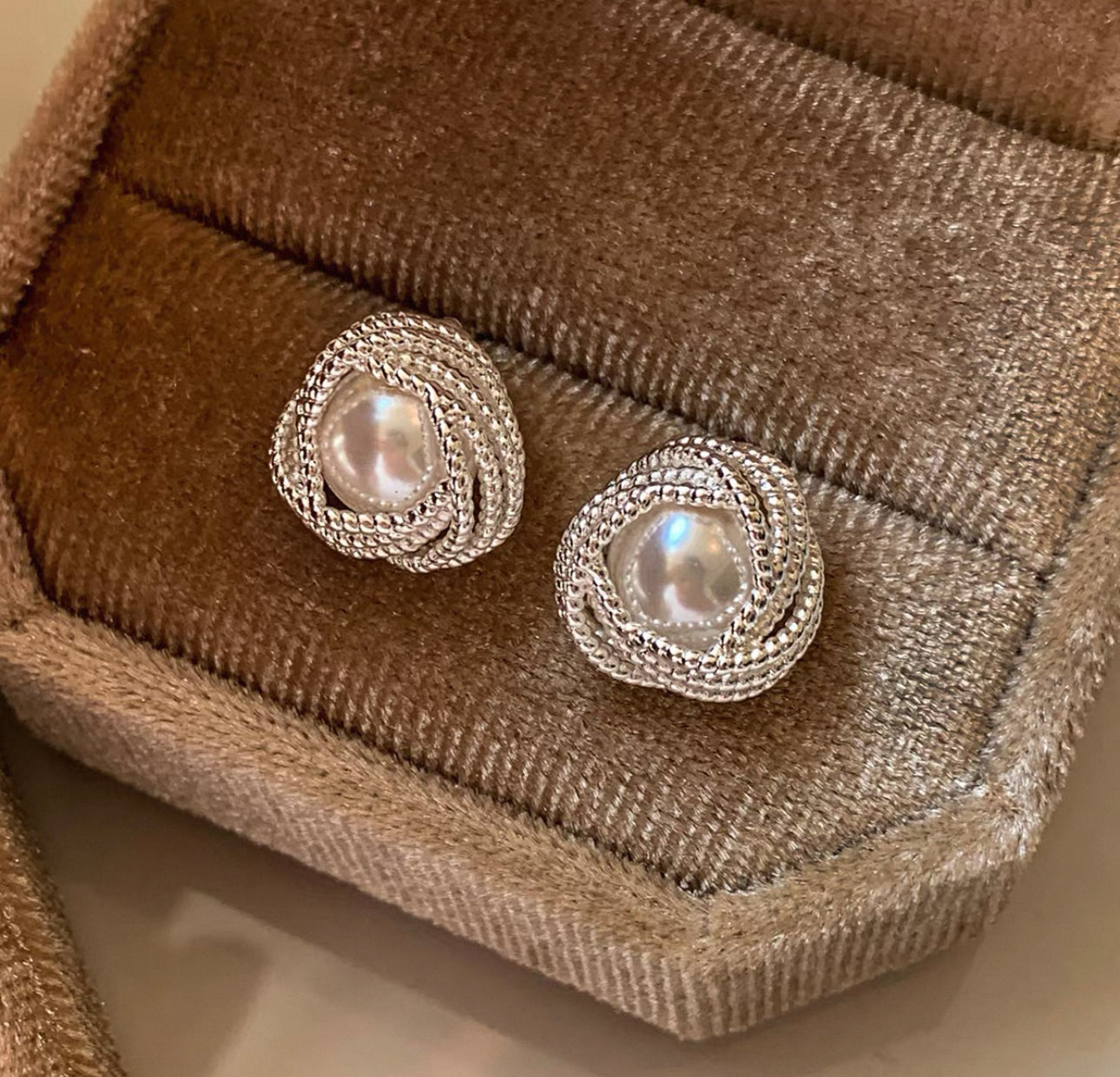 Silver Braided Knot Earrings with Austrian Pearls(10)