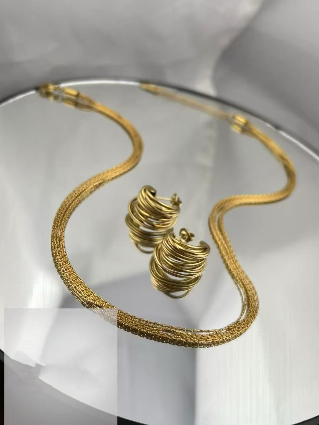 Gold Color Stainless Steel Necklace & Earrings Set（93）