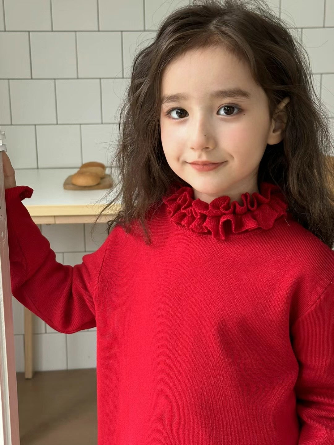 Girls’ Knit Dress – Solid Red with Ruffled High Neck
