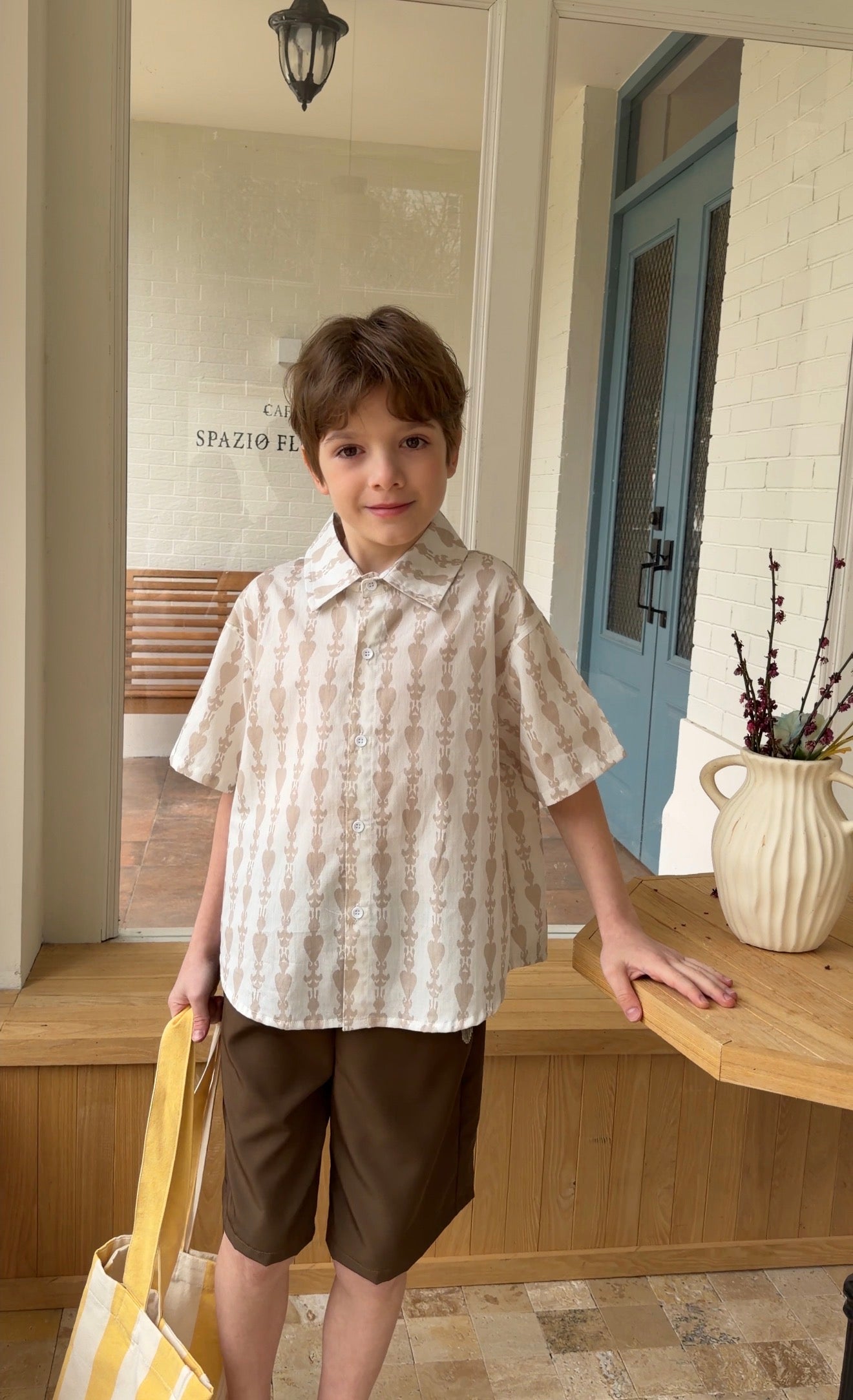 Boys Ikat Cotton Shirt – Atlas Pattern Short Sleeve Summer Shirt (Neutral Tone)