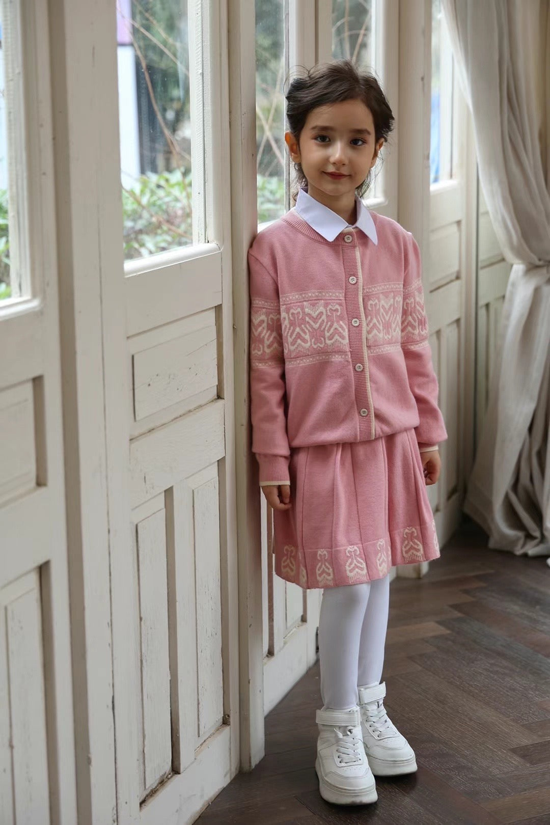 Girls’ Knit Two-Piece Set – Soft Pink Cardigan & Skirt