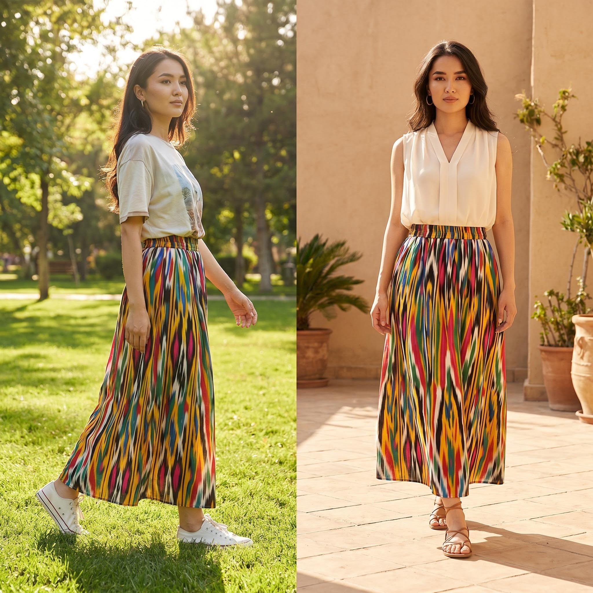 Silk Road Ikat Linen Maxi Skirt – 100% Linen Heritage A-Line Skirt(One Size)