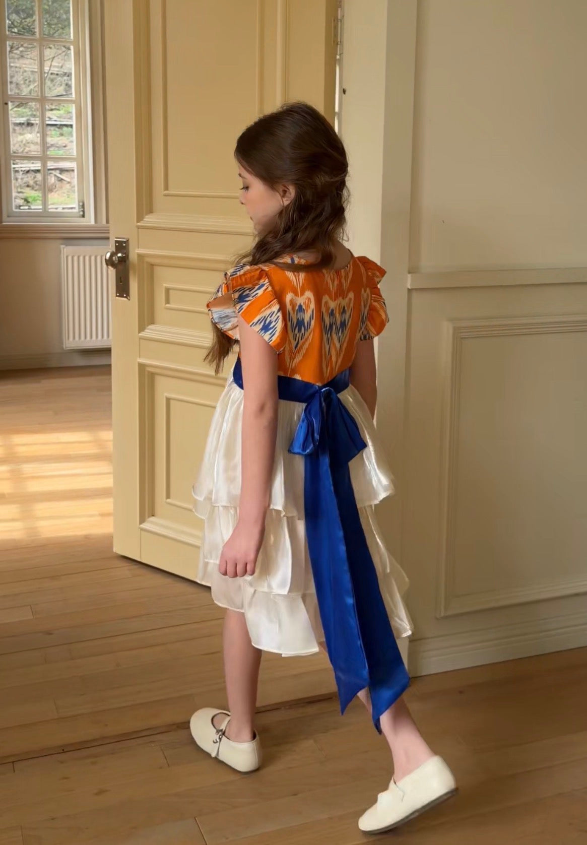 Girls Atlas Ikat Princess Dress – Layered Cotton Dress with Ribbon Waist
