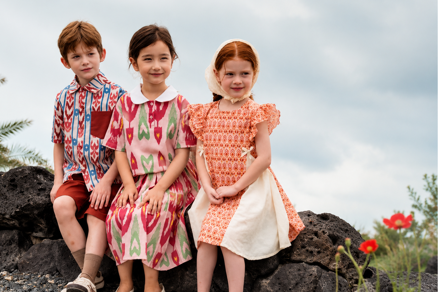 Children wearing Liwanay Atlas and Ikat heritage print kidswear in colorful everyday styles.