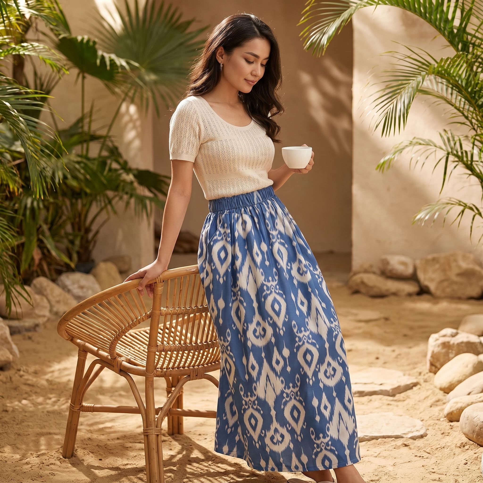 Blue Porcelain Ikat Linen Maxi Skirt – 100% Linen Heritage A-Line Skirt (One Size)