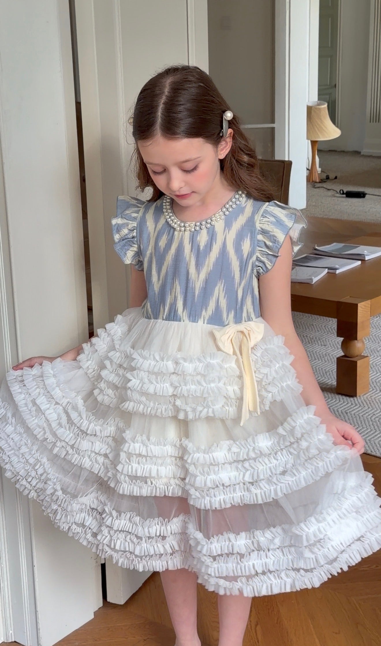 Girls Atlas Ikat Couture Princess Dress – Layered Tulle Dress with Pearl Neckline