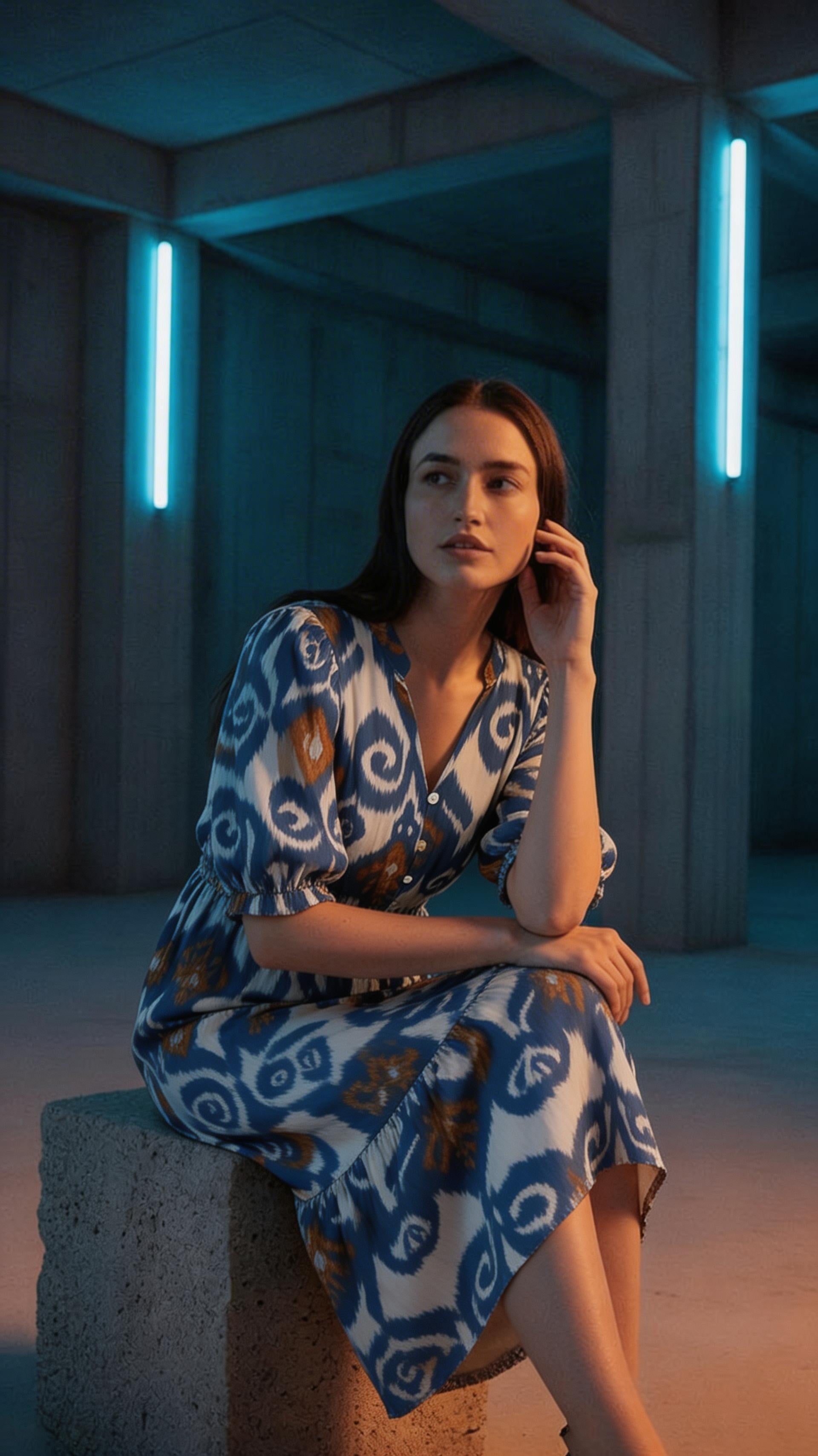 Women’s Atlas Ikat Maxi Dress – Blue & Brown Pattern