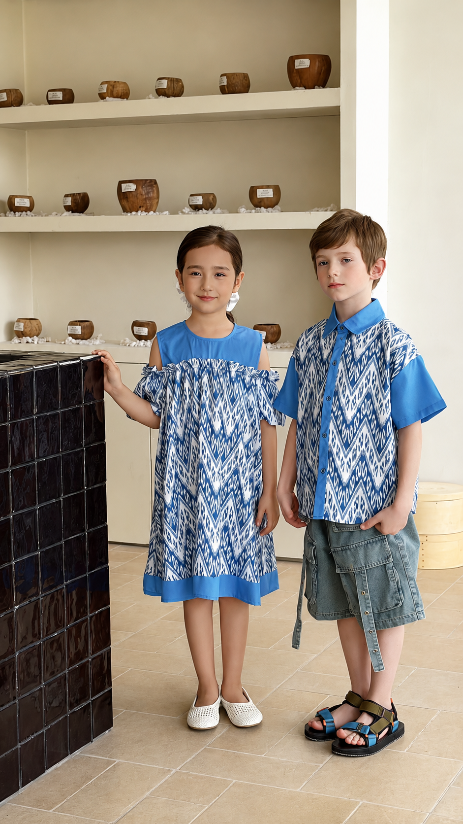 Siblings Set – Blue Ikat Dress & Shirt (Buy Separately )