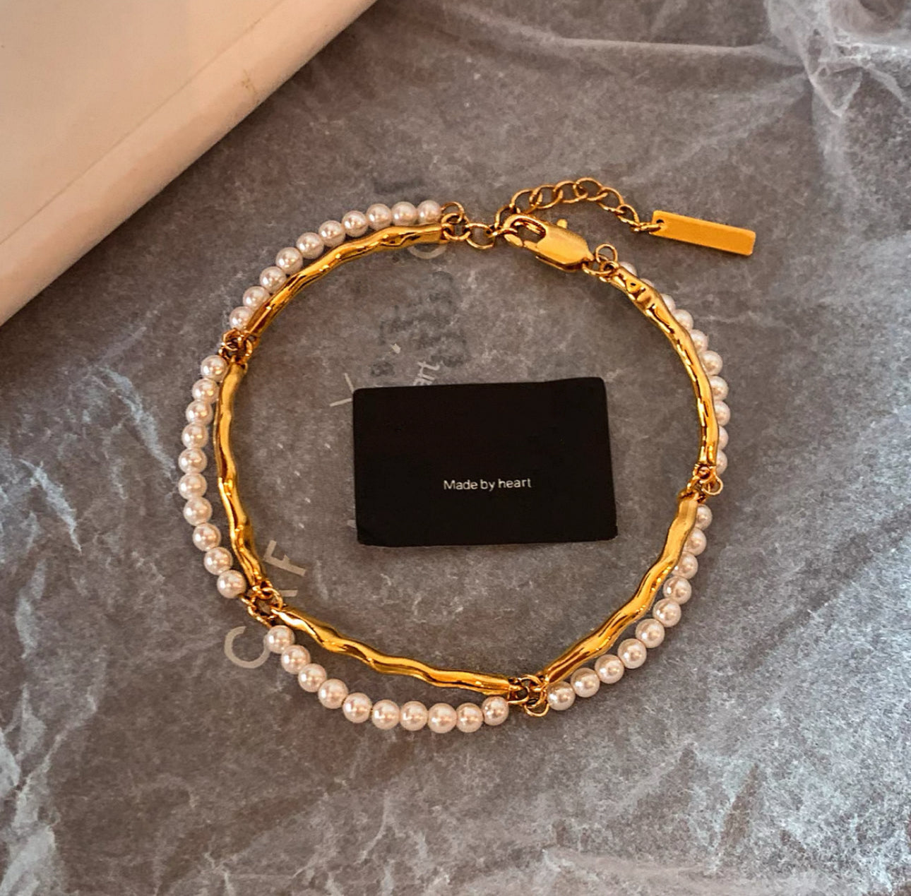 Double-Layer Pearl Bracelet with Gold Bamboo Links (5)
