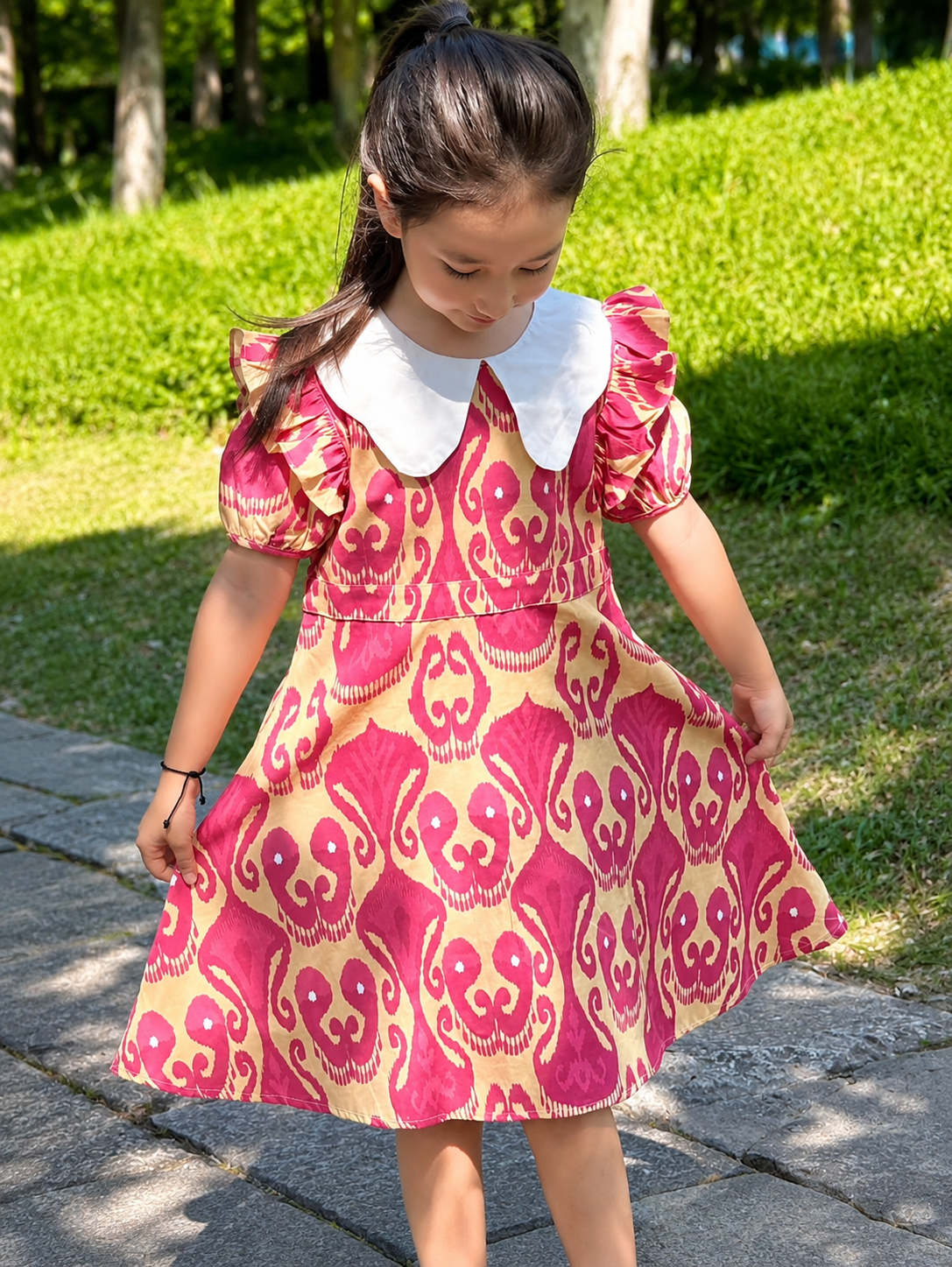 Girls Ikat Cotton Dress – Puff Sleeve Summer Dress with Atlas Pattern