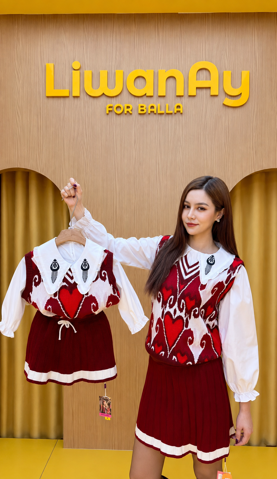 Woman holding the red heart knit vest on a hanger beside a girl wearing the matching vest and skirt set in a LiwanAy store