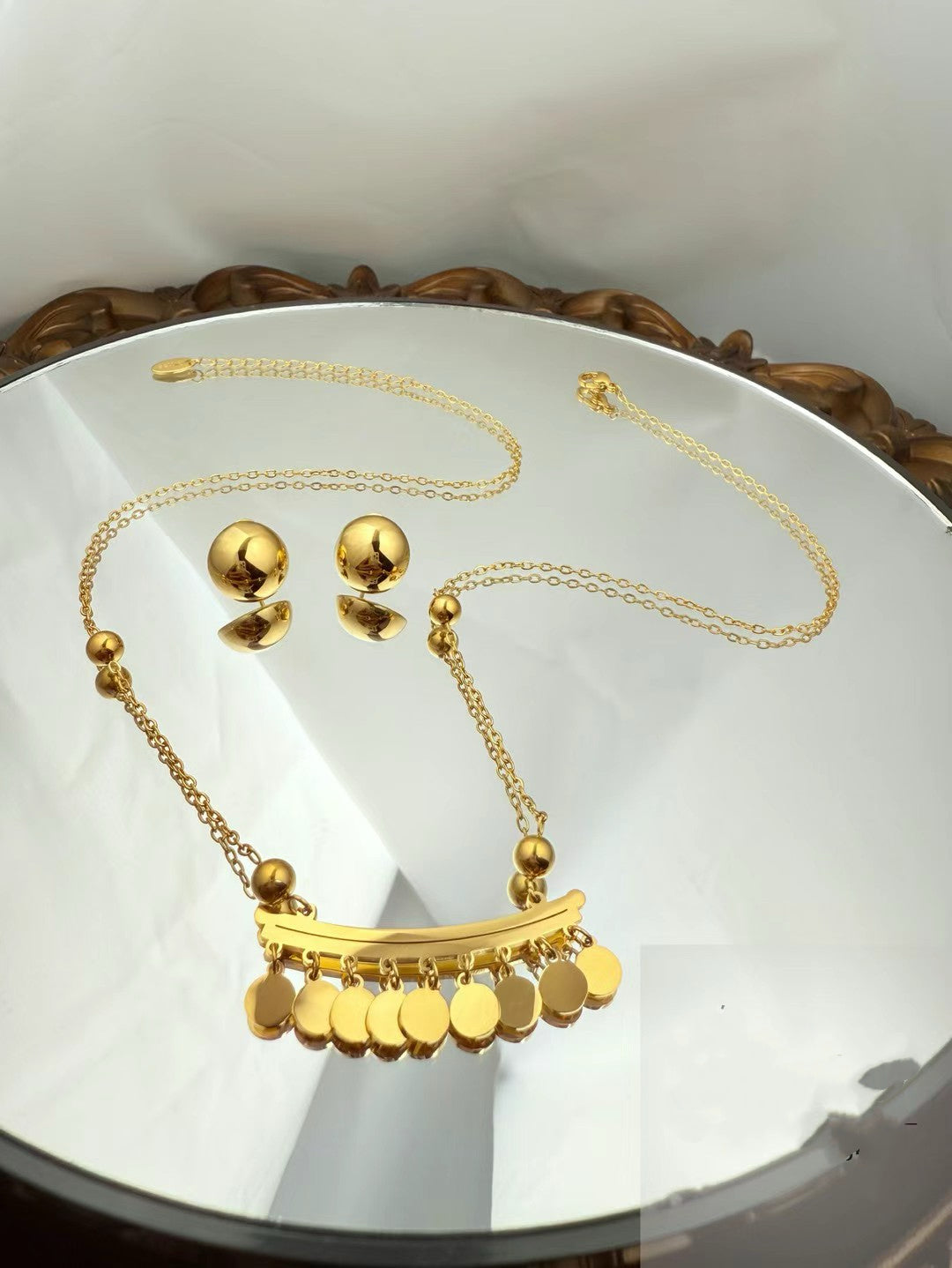 Gold Color Stainless Steel Necklace & Earrings Set（89）