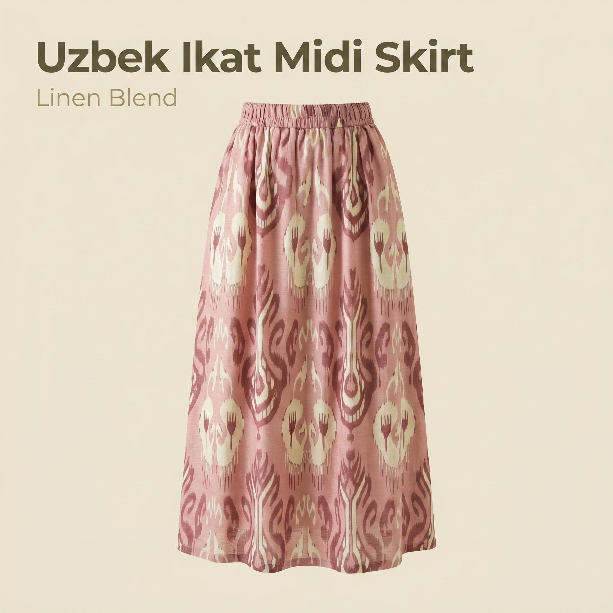 Blush Bloom Ikat Linen Maxi Skirt – 100% Linen Heritage A-Line Skirt (One Size)