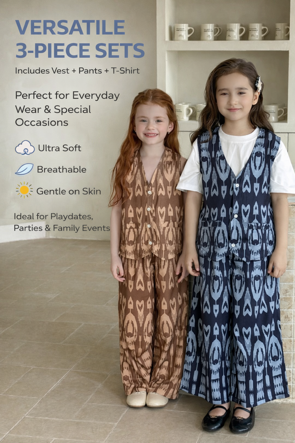 kids ikat 3 piece outfit set cotton atlas loungewear