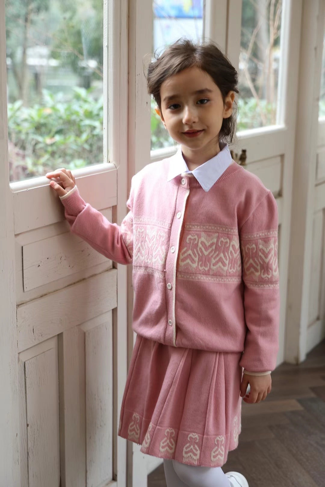 Girls’ Knit Two-Piece Set – Soft Pink Cardigan & Skirt