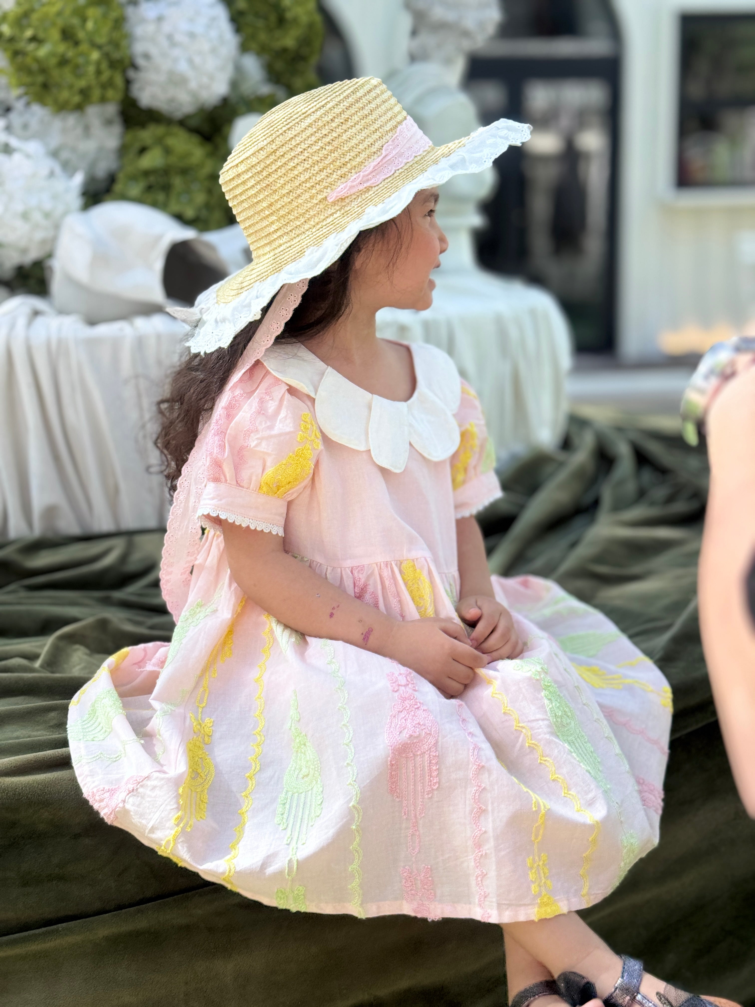 Girls Premium Cotton Atlas Dress – Soft Pink Elegant Summer Dress with Peter Pan Collar