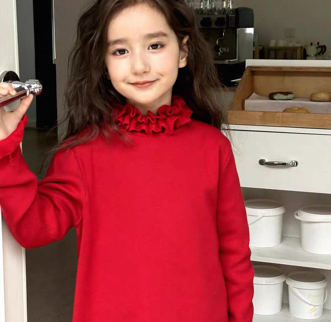 Girls’ Knit Dress – Solid Red with Ruffled High Neck