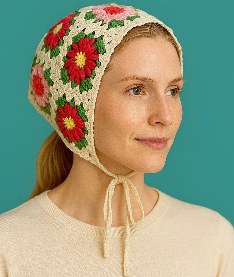 Crochet Flower Headscarf – French Cottagecore Style