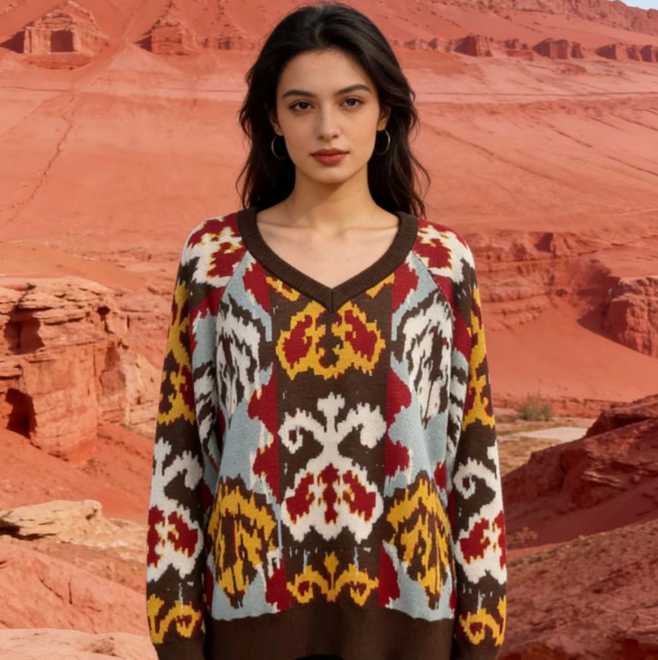 Boho Wool-Blend V-Neck Knit Sweater