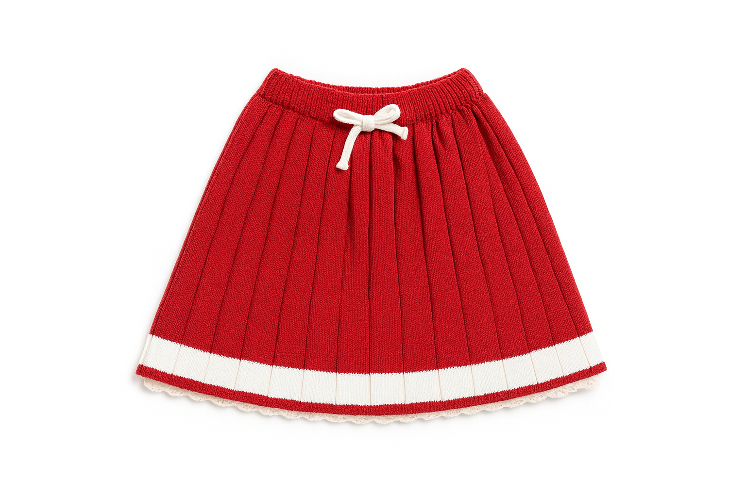 Red Knit Pleated Skirt with Contrast Hem