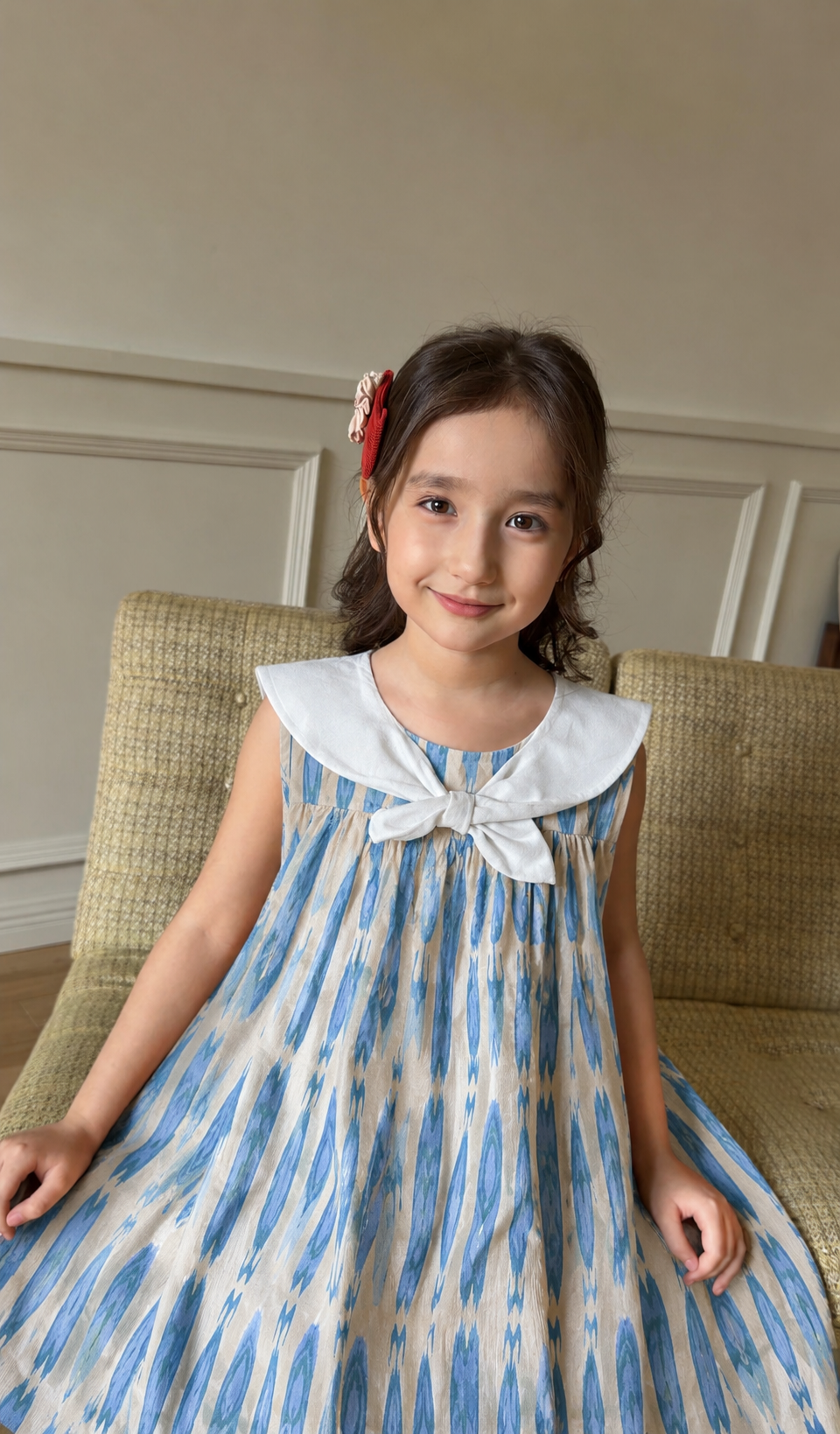 Girls Ikat Cotton Dress – Sailor Collar Summer Dress (Soft & Breathable)