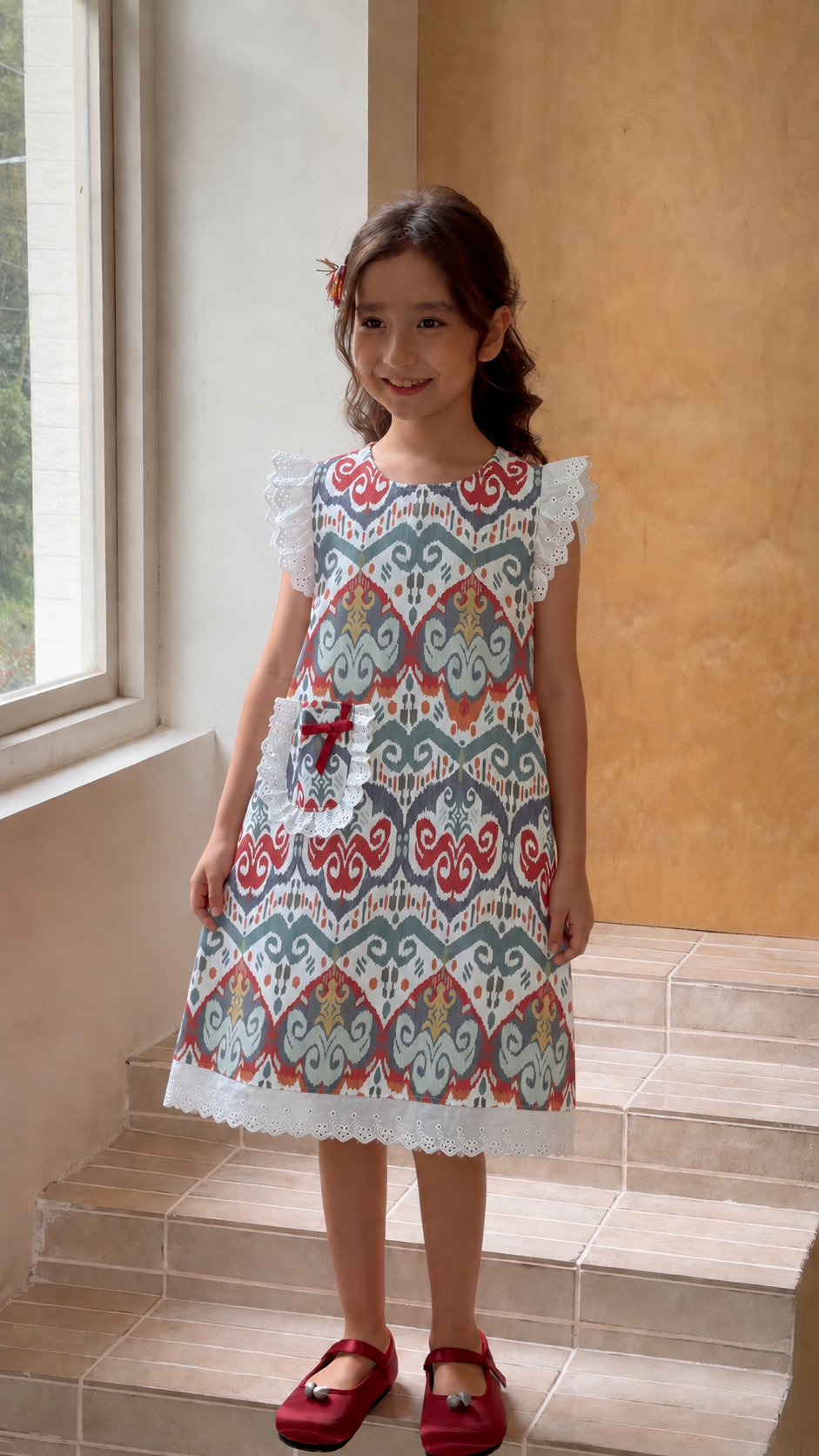 Ikat Pocket Dress with Lace Trim & Embroidered Sleeves | Liwanay Exclusive