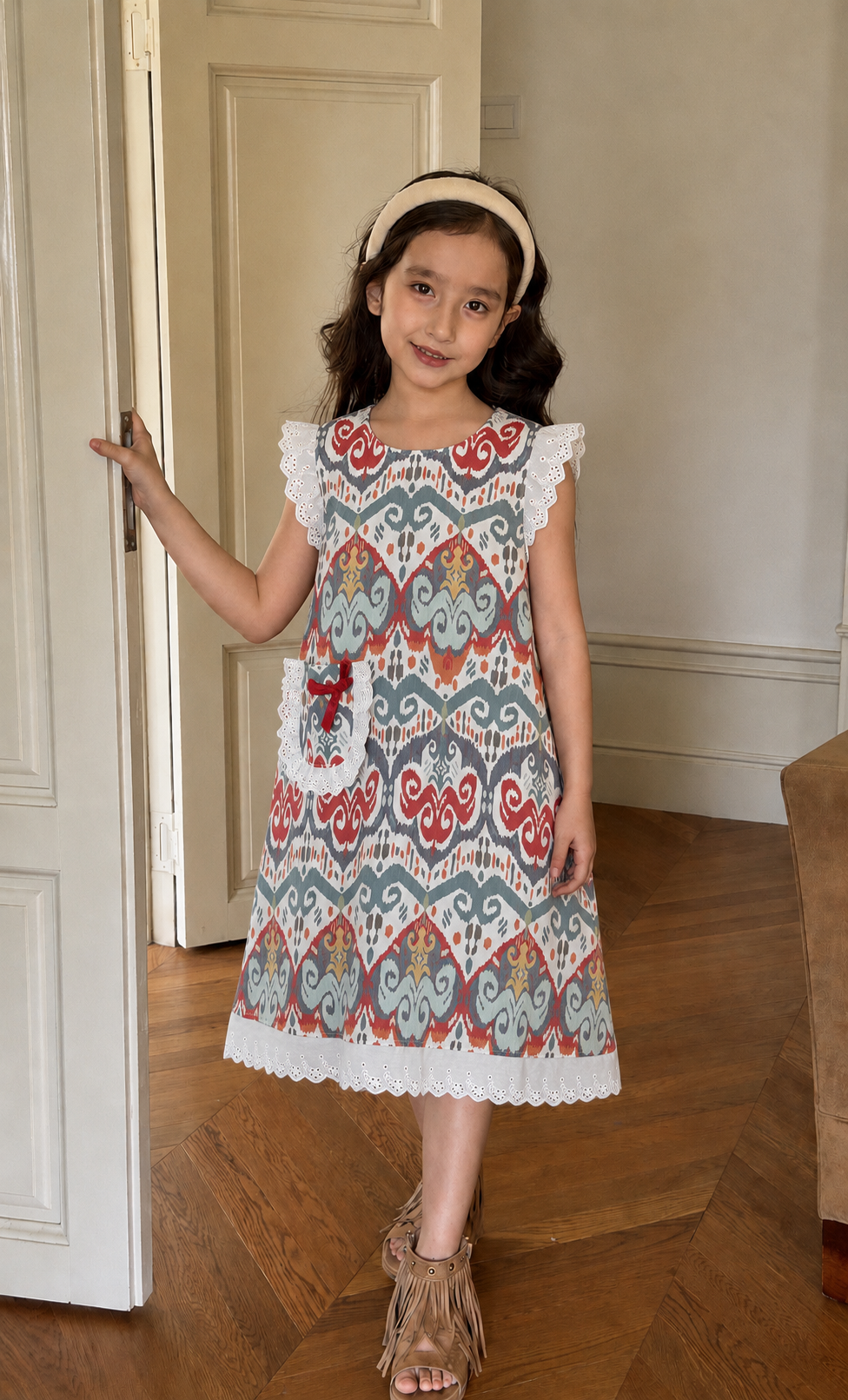 Ikat Pocket Dress with Lace Trim & Embroidered Sleeves | Liwanay Exclusive