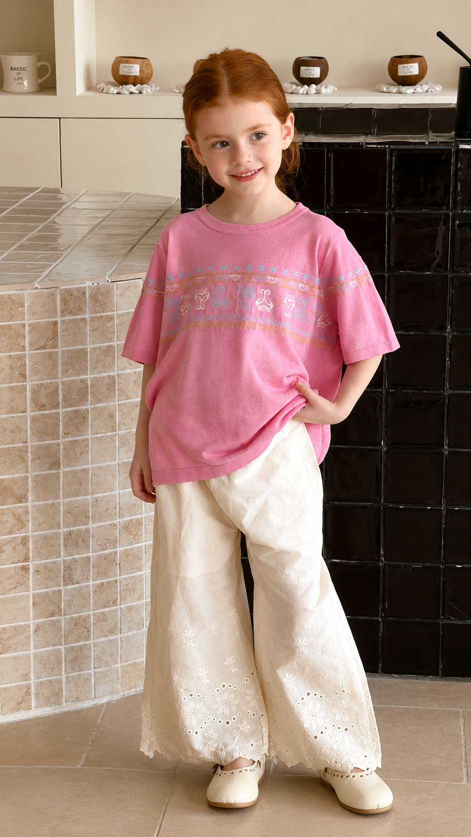 Pink Silk-Feel Tee with Ethnic Embroidery & Lace-Up Back