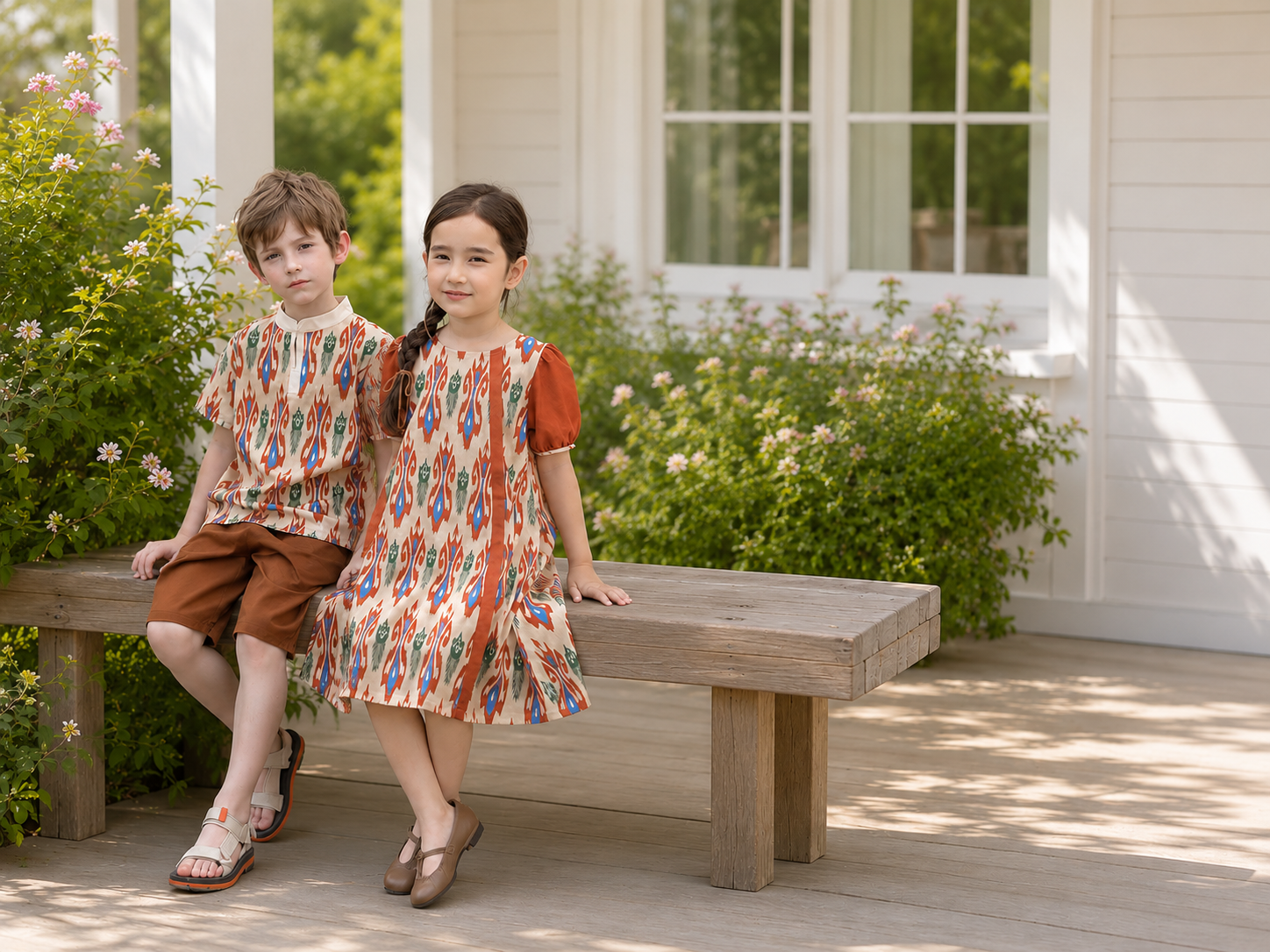 Children wearing colorful Liwanay Atlas and Ikat inspired heritage kidswear in a warm everyday family setting.