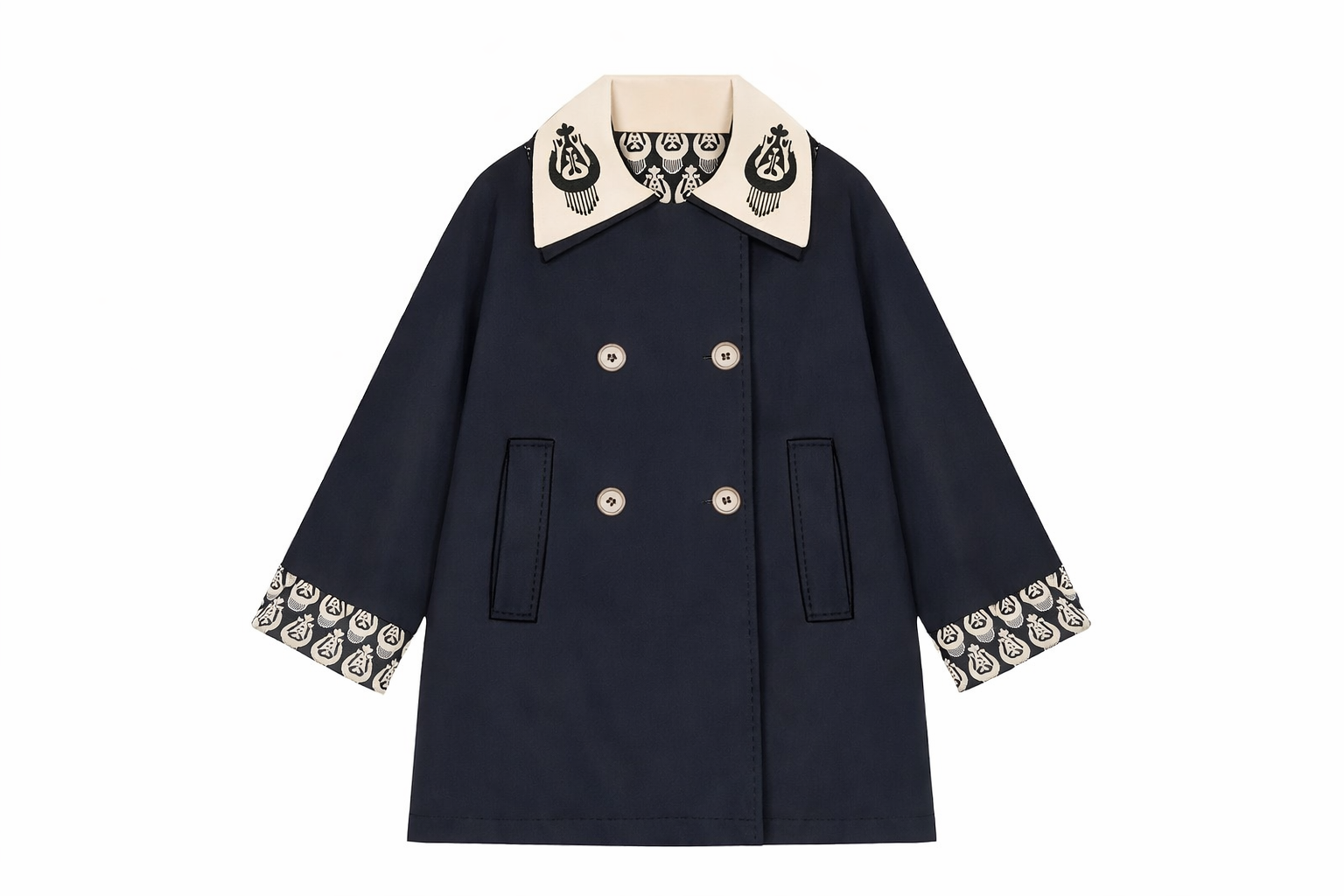 Navy & Brown Embroidered Trench Coat
