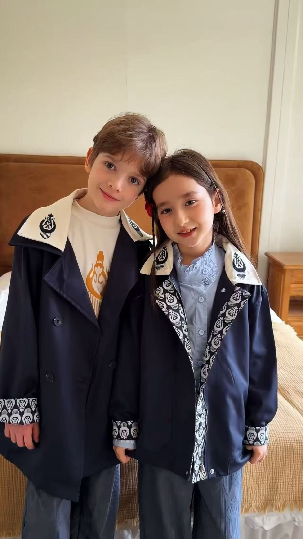 Navy & Brown Embroidered Trench Coat