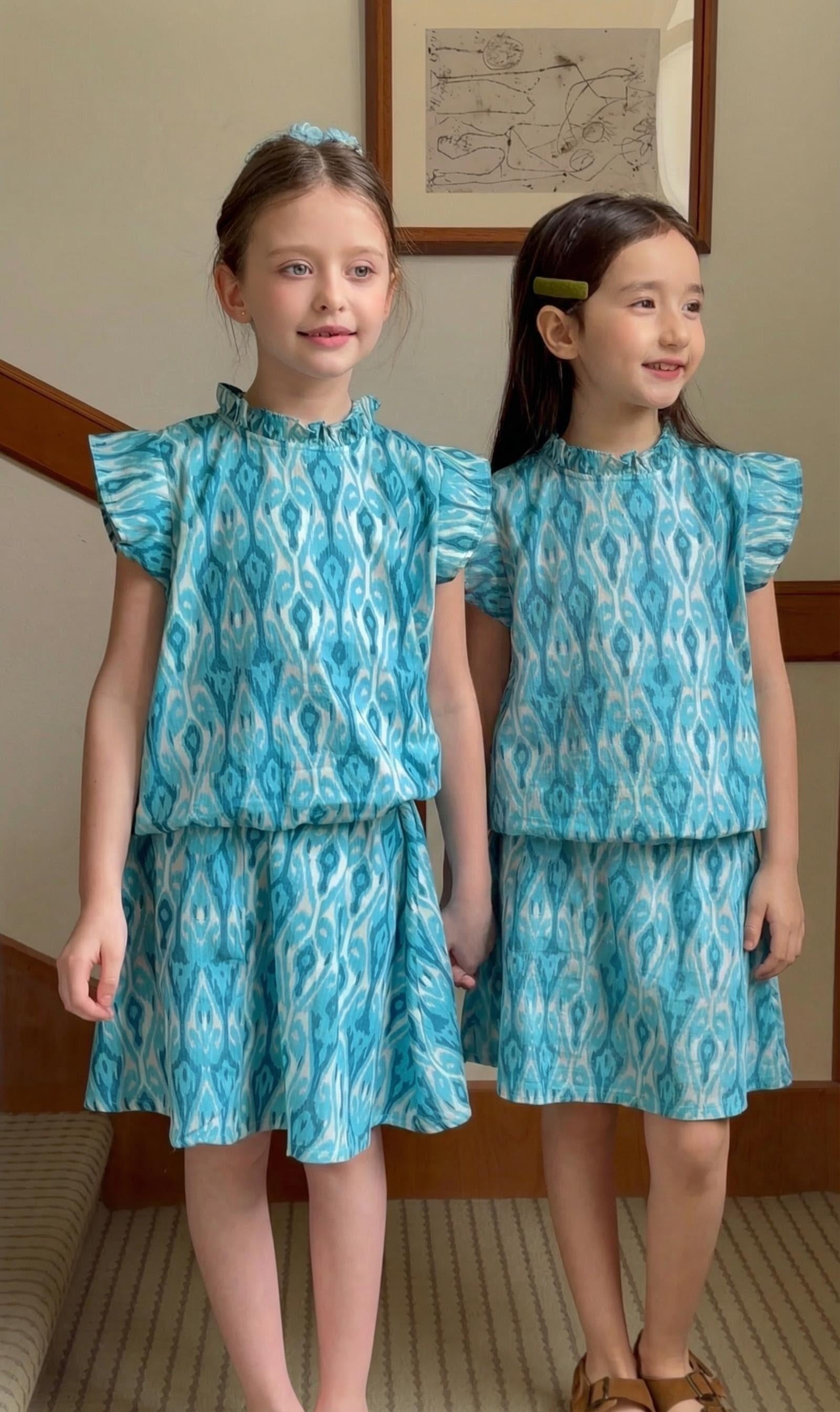 “Sky Bloom” Atlas Ikat Dress – Lightweight & Elegant with Flutter Sleeves