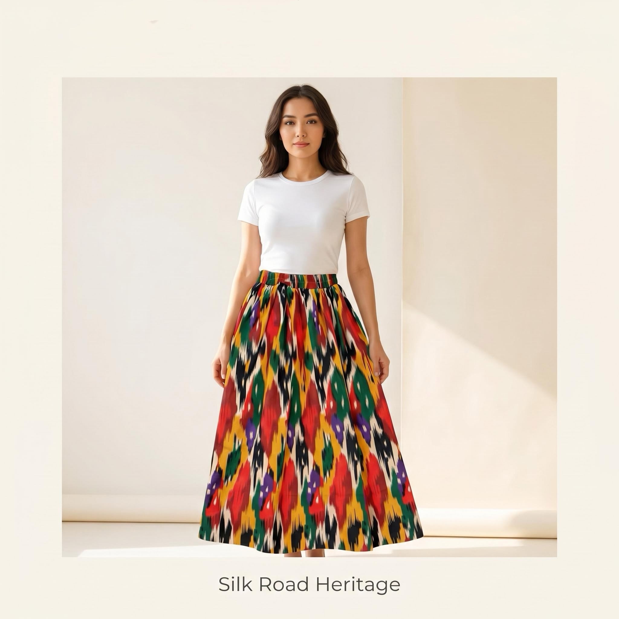 Royal Atlas Ikat Linen Maxi Skirt – 100% Linen Heritage A-Line Skirt (One Size)