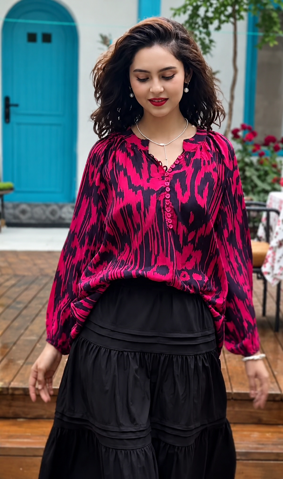 Ruby Ikat Silk Blend Blouse – Luxury Mulberry Silk Top for Women
