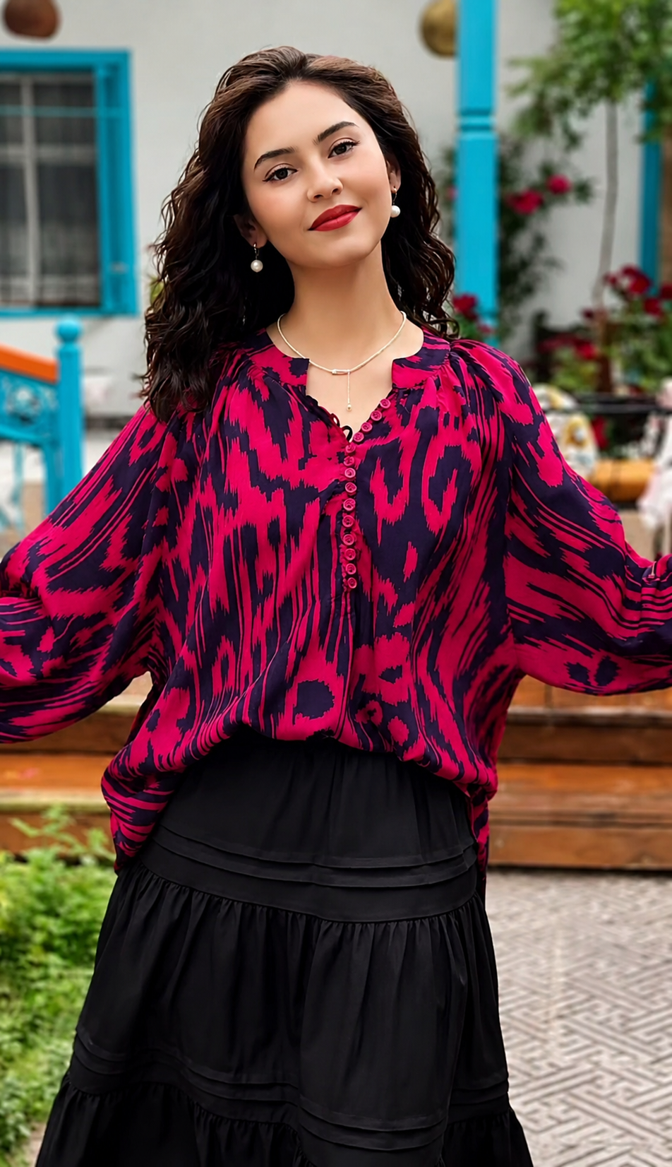Ruby Ikat Silk Blend Blouse – Luxury Mulberry Silk Top for Women