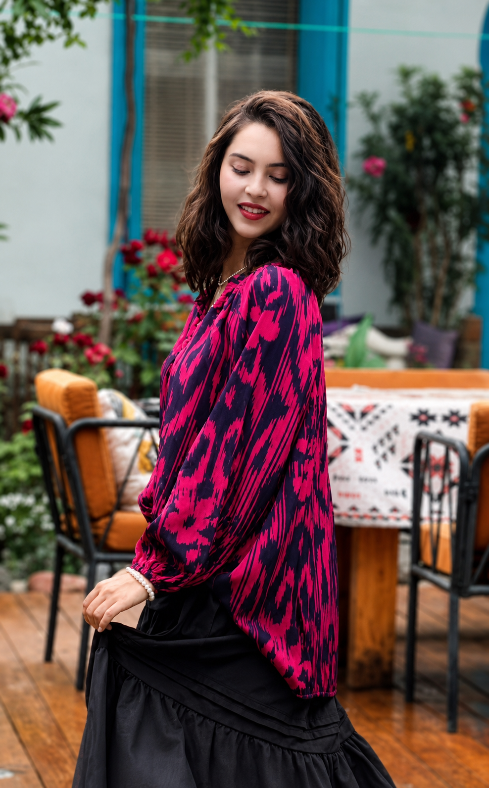 Ruby Ikat Silk Blend Blouse – Luxury Mulberry Silk Top for Women