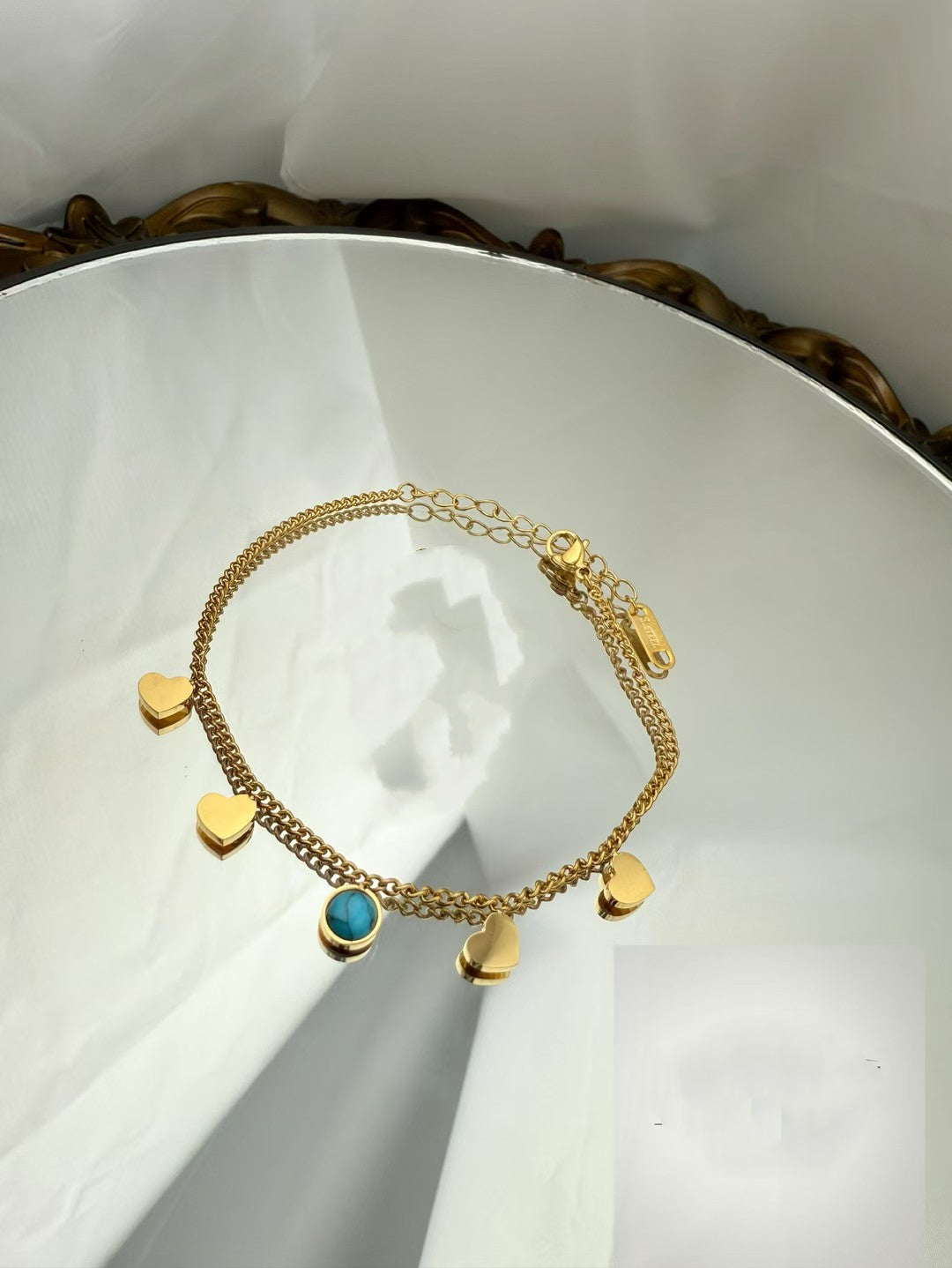 Gold Color Stainless Steel Adjustable Beaded Bracelet – Floral Charm（99）