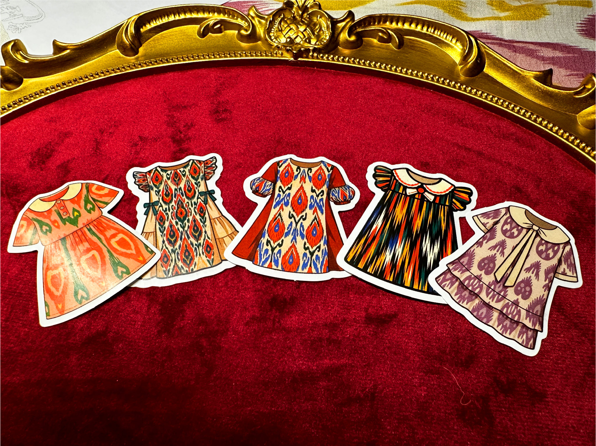 Mini Ikat Dress Stickers for Paper Dolls | 5-Pack Outfits