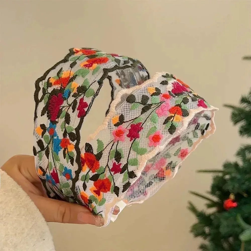 French Vintage Floral Embroidered Headband – Wide Boho Style