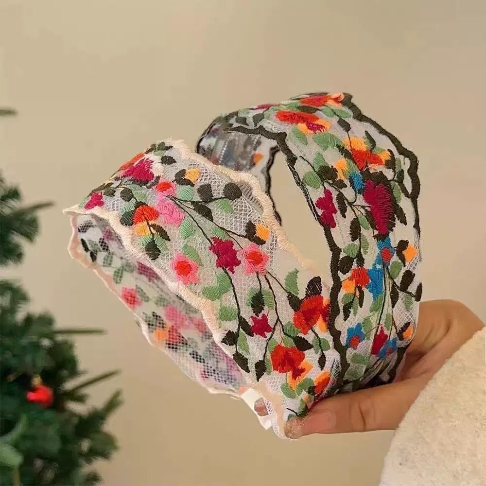 French Vintage Floral Embroidered Headband – Wide Boho Style