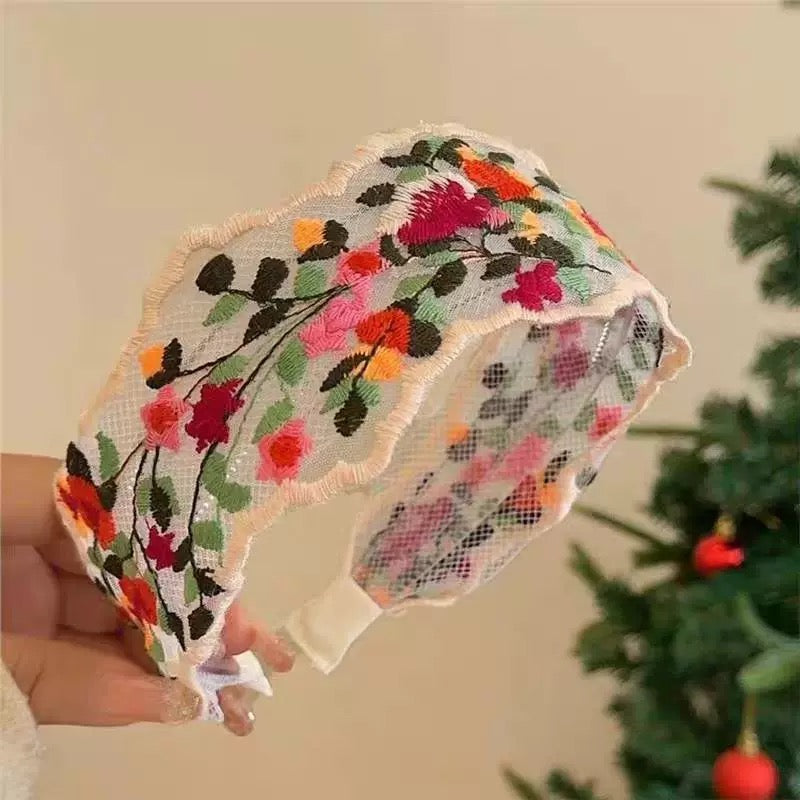 French Vintage Floral Embroidered Headband – Wide Boho Style