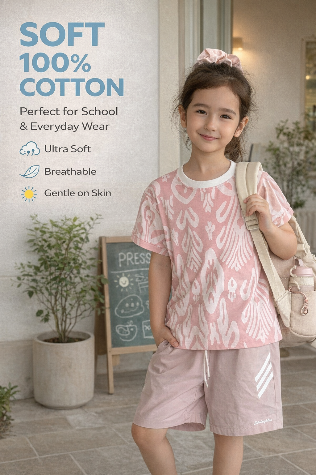 “Echo Ikat” Cotton T-Shirt – Atlas Pattern | Soft, Breathable, Gender-Neutral(Pink)