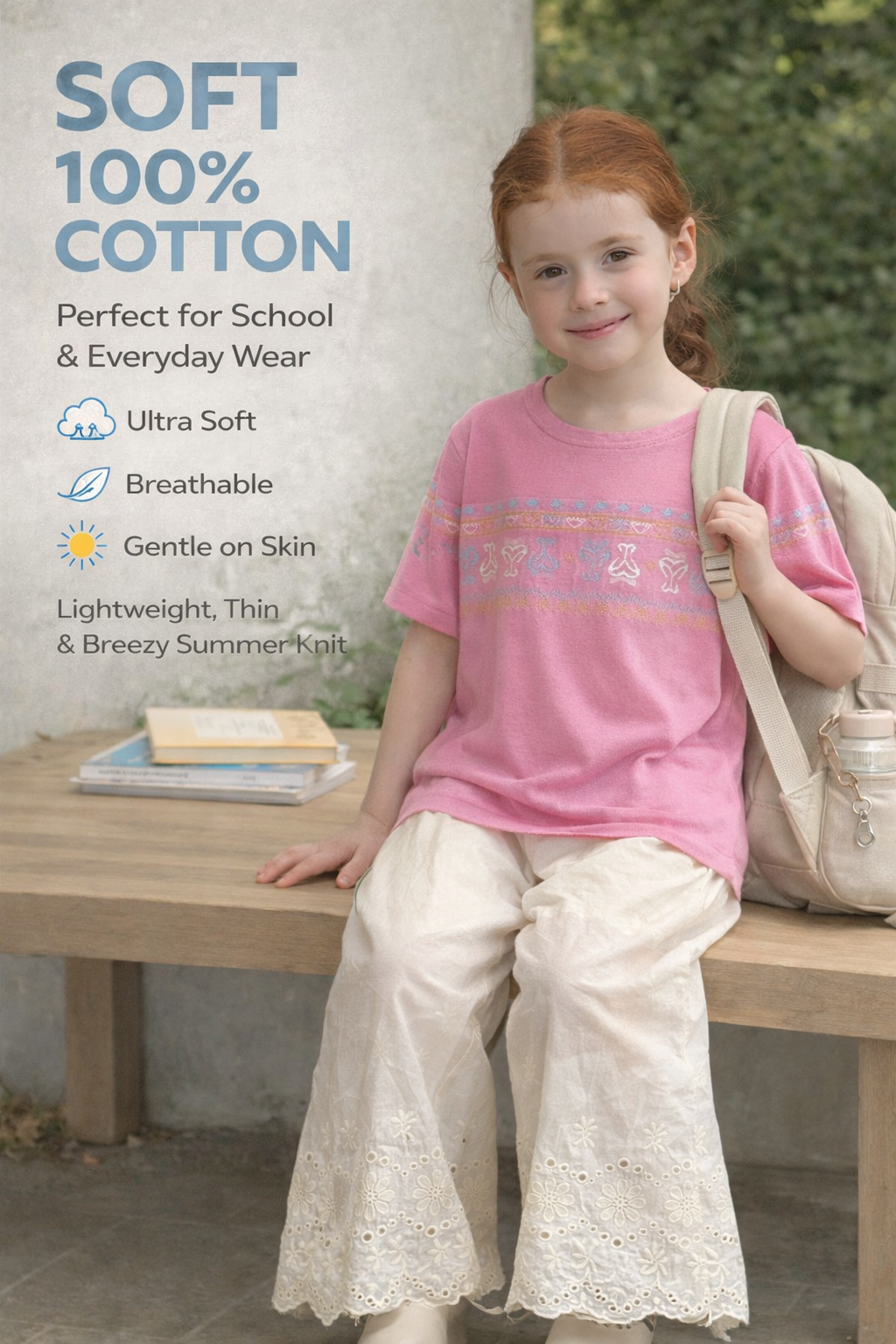 Pink Silk-Feel Tee with Ethnic Embroidery & Lace-Up Back