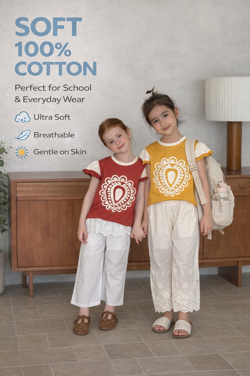 Badam Bloom Cotton Top with Lace Trim – Mustard & Brick Red