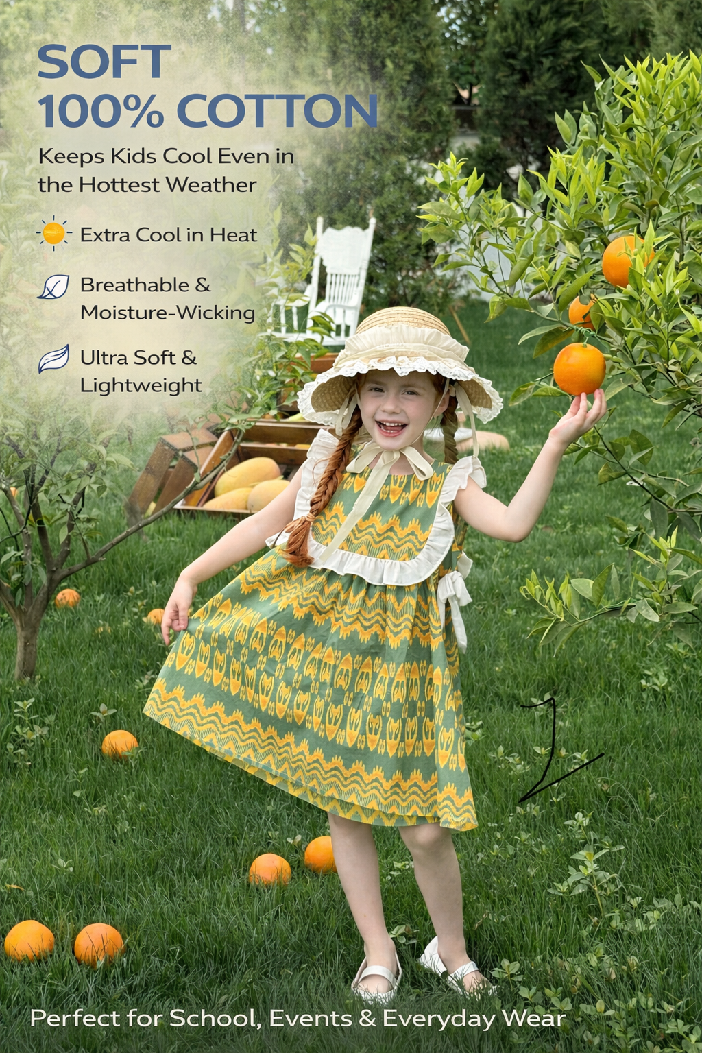 “Citrus Grove” Atlas Cotton Dress – Ruffle Shoulder | Summer Green Edition